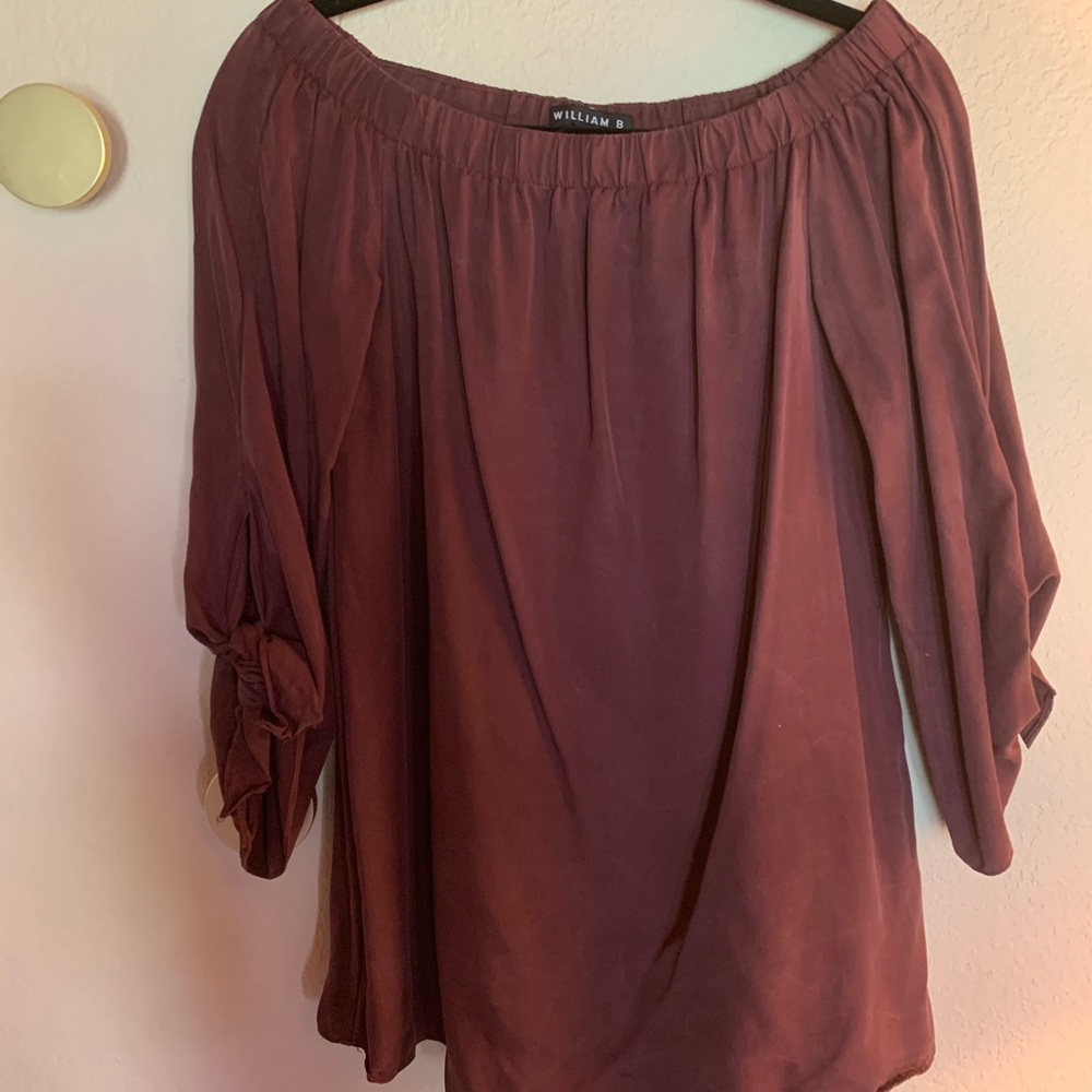 William B maroon, off-the-shoulder top